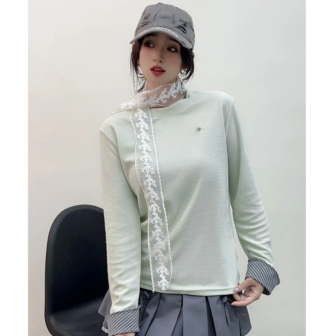 宝藏衣橱！纯色小贝壳拼接条纹袖圆领打底衫88-7.Q