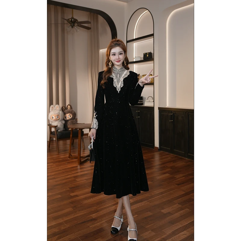 【晚晚定制】法式修身轻奢高贵长袖气质纯色静奢风连衣裙91512