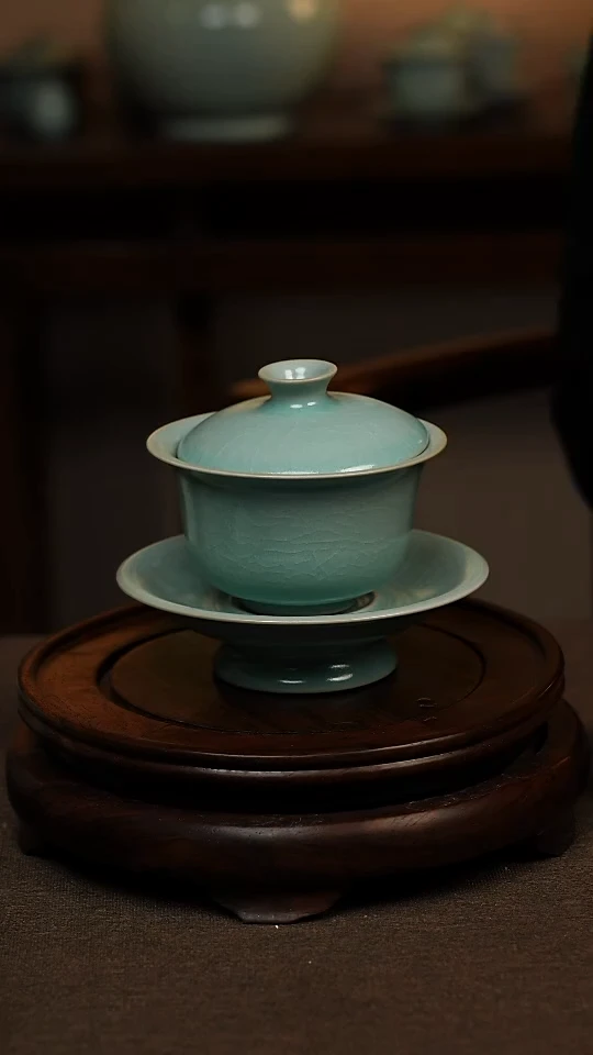 瓷片仿古青绿釉全手工三才元宝盖碗150ml 一级 礼盒包装