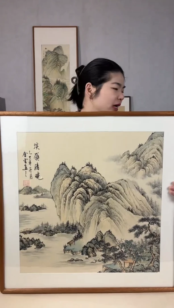 国画手绘*溪岭清晓*62*62cm发黑胡桃色框*介意勿拍