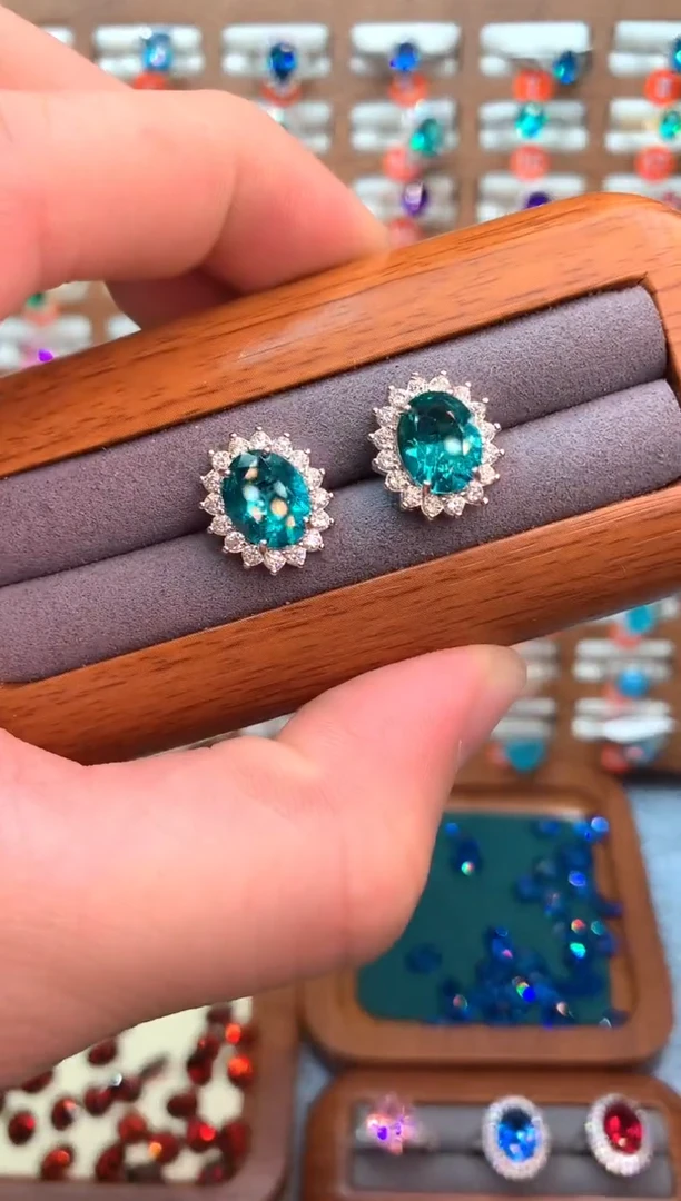 银S925镶嵌耳钉帕拉依巴碧玺......