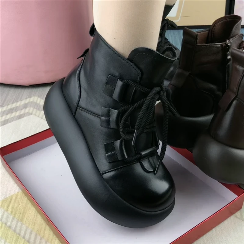 短靴女真皮厚底圆头靴子女休闲棉鞋女冬加绒轻便舒适软底马丁靴女