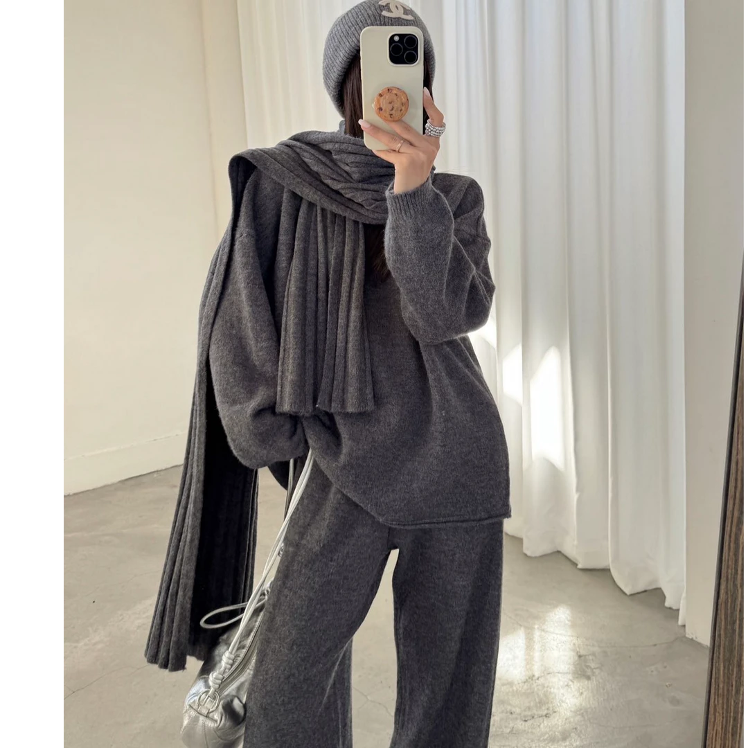 慵懒风老钱风休闲风时尚套装韩版针织时尚加厚毛衣裤子围巾三件套