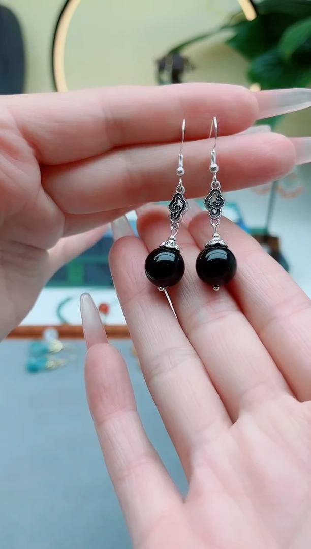 银S925镶嵌黑曜岩耳饰207