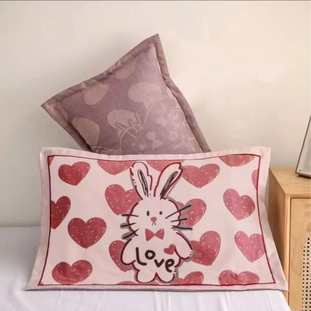 （福利款）100%棉纯棉加厚纱布枕套一对装：爱心小兔