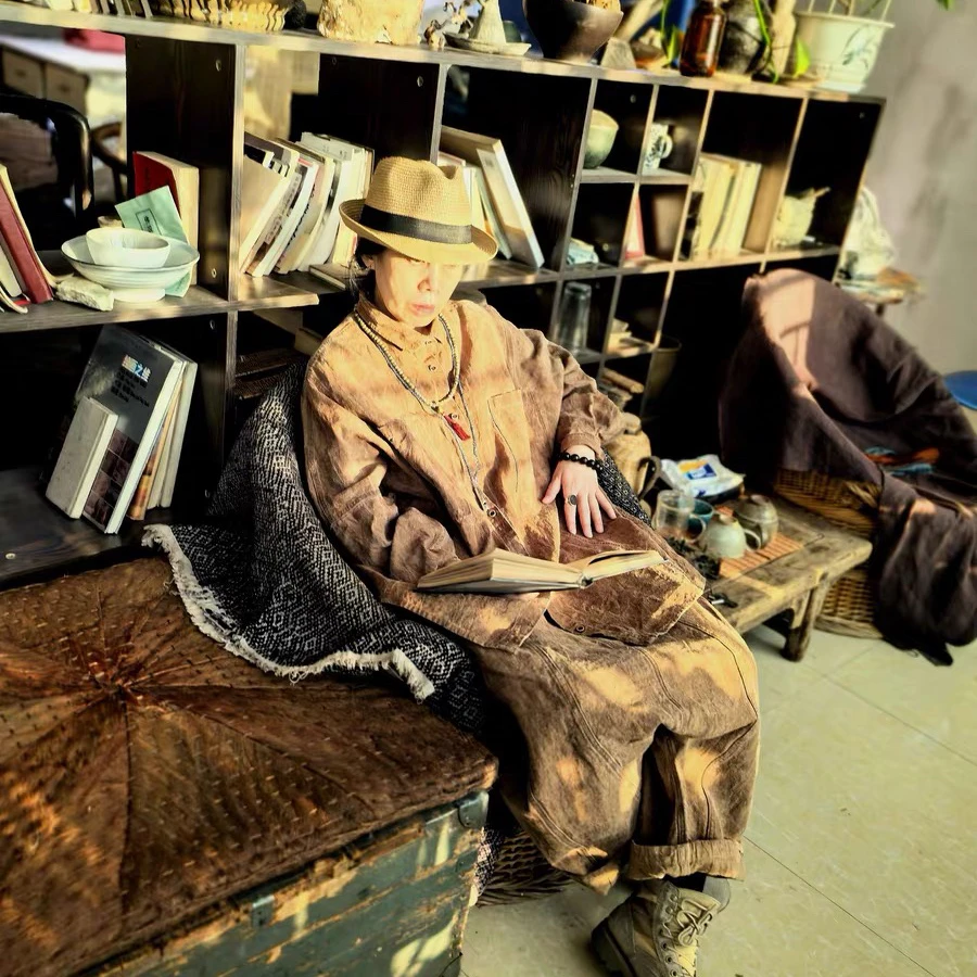 沉香布衣草堂原创柿染老布单层衬衫斑驳中长开衫外套 G25u04060