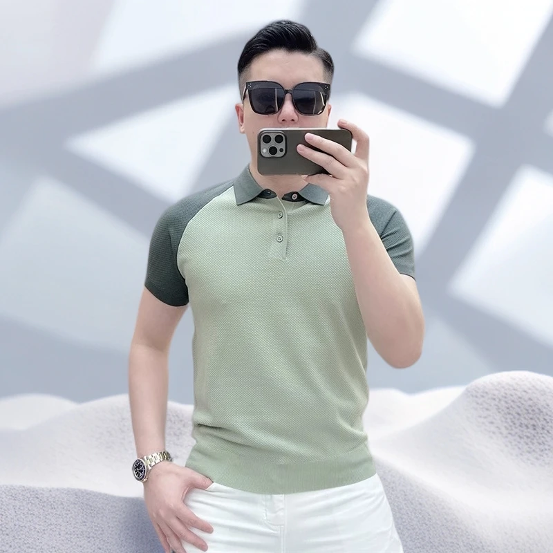 宾斯洛特男士polo衫夏季潮牌时尚修身拼色翻领冰丝短袖针织T恤