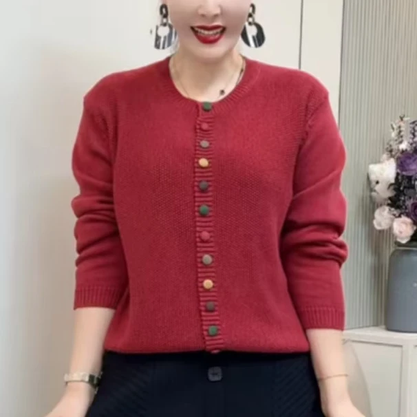 百搭减龄2025春秋款中年妈妈打底衫新款宽松显瘦圆领套头针织衫