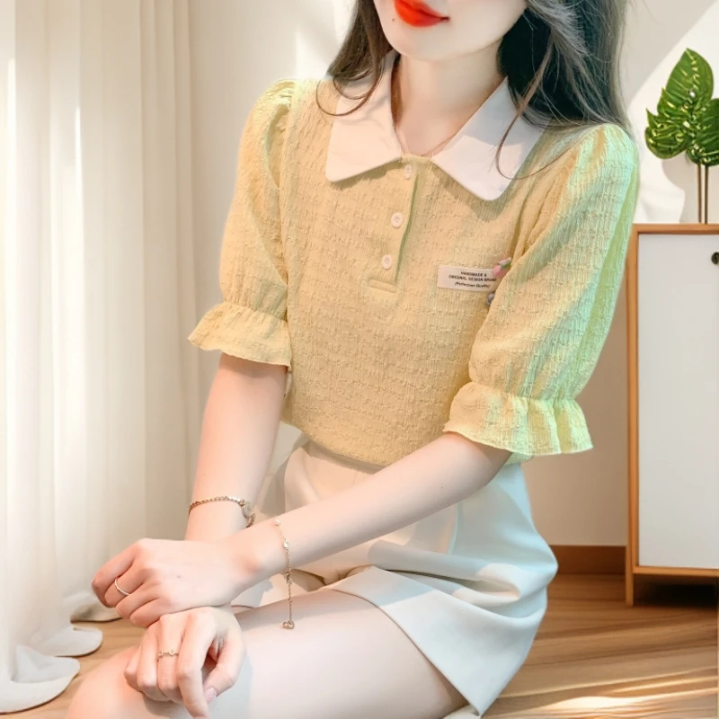 泡泡袖女士雪纺衬衫上衣服2025年夏季新款短袖衬衣法式气质小个子