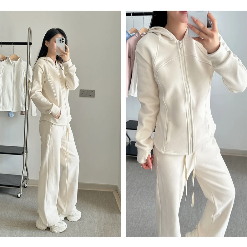 秋款加厚收腰显瘦时尚慵懒时髦长袖连帽两件健身休闲运动套装