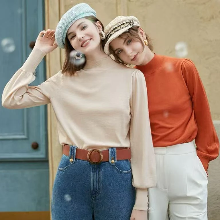 【彩虹专属】女半高领羊毛泡泡袖针织衫yfw052