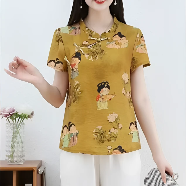 短袖小衫衬衫百搭夏季提花立领常规款印花气质时尚大码上衣洋气