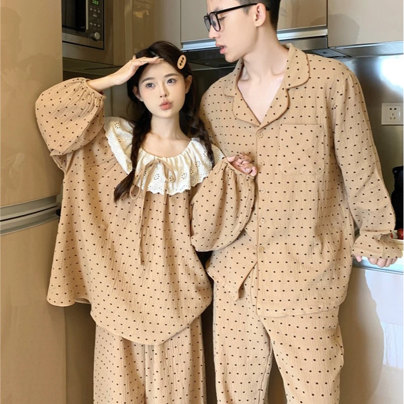 情侣睡衣春秋季可爱波点花边娃娃领棉纱布长袖家居服男女款套装夏