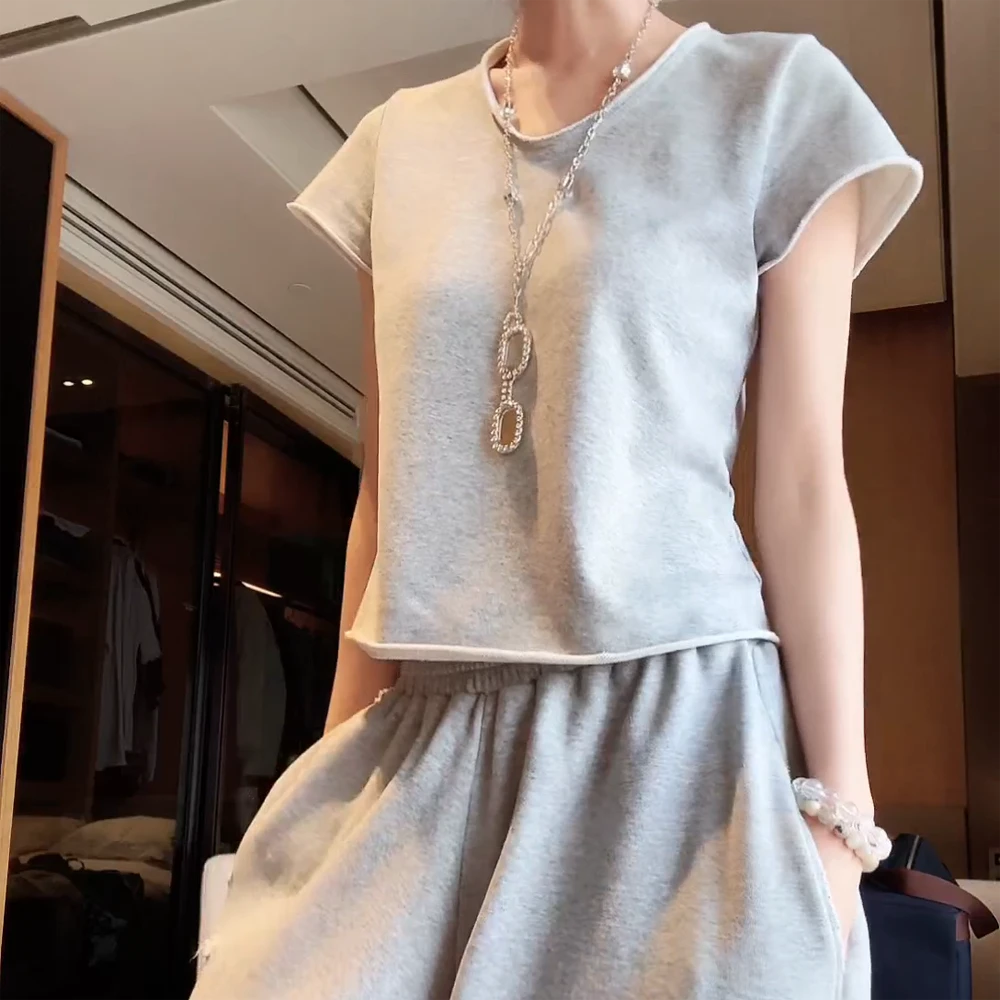 毛圈卷边U领宽松短袖简约休闲松弛半袖短款卫衣t恤女