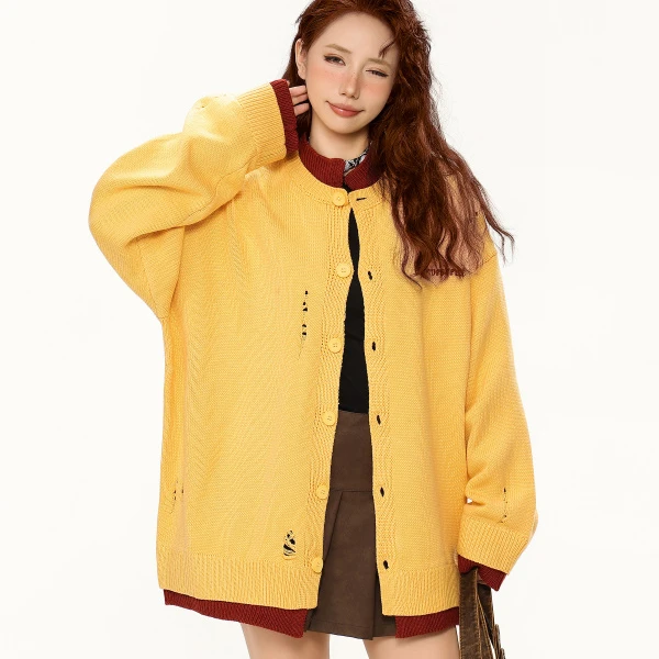 美式复古时尚潮流宽松休闲情侣中性风拼色圆领针织开衫毛衣薄外套