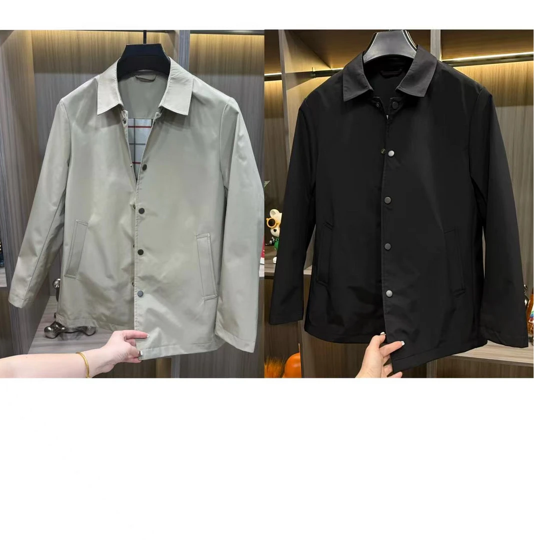 春季男士夹克防风中长款翻领修身纯色潮流纽扣百搭风衣