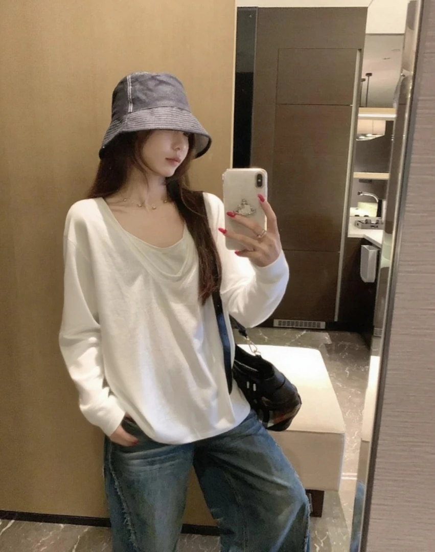 辣椒酱 慵懒风气质V领假两件宽松长袖t恤设计感卷边明线显瘦上衣