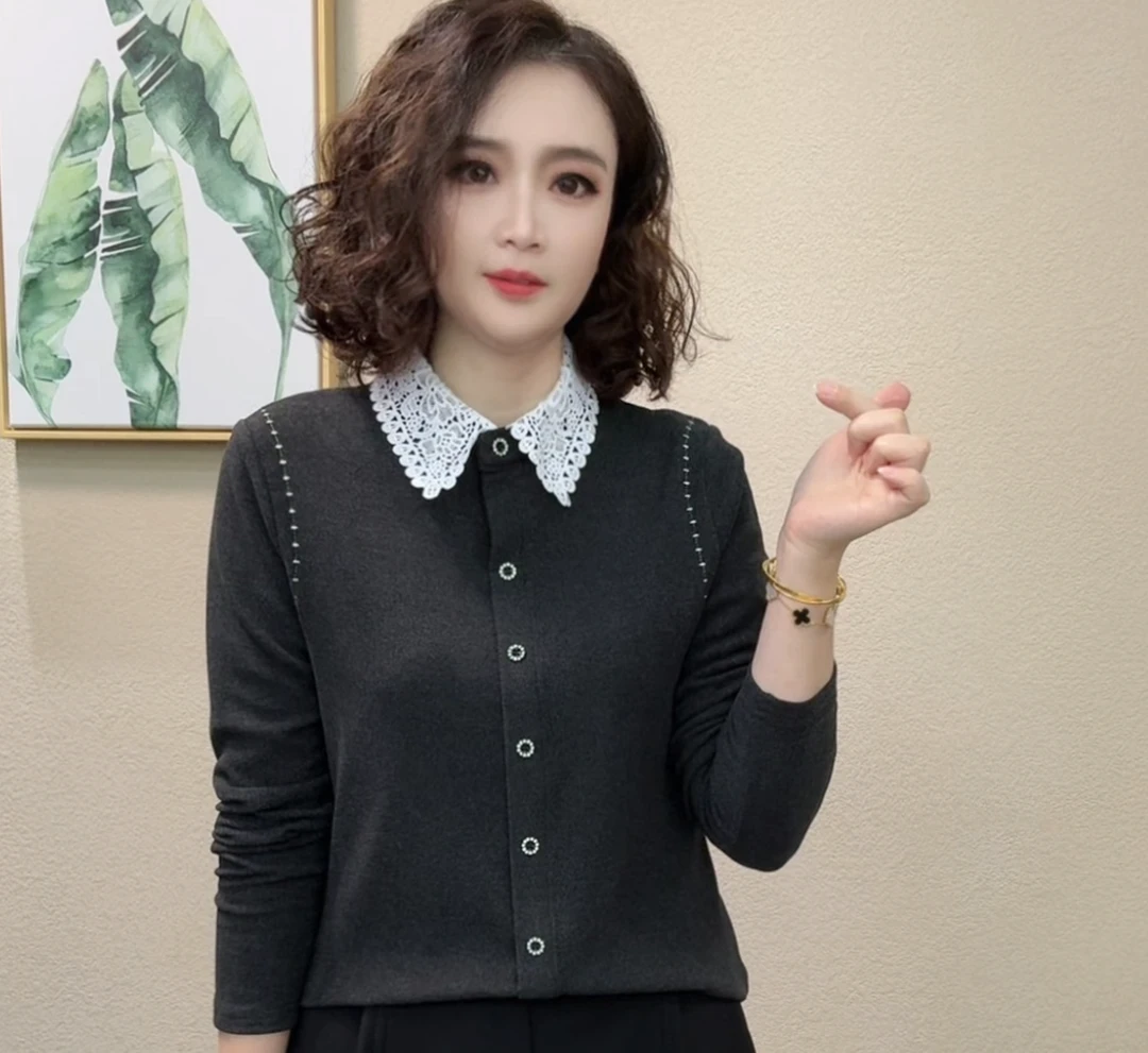 2025秋冬新款洋气时尚百搭气质蕾丝翻领小衫拼接保暖打底上衣#871