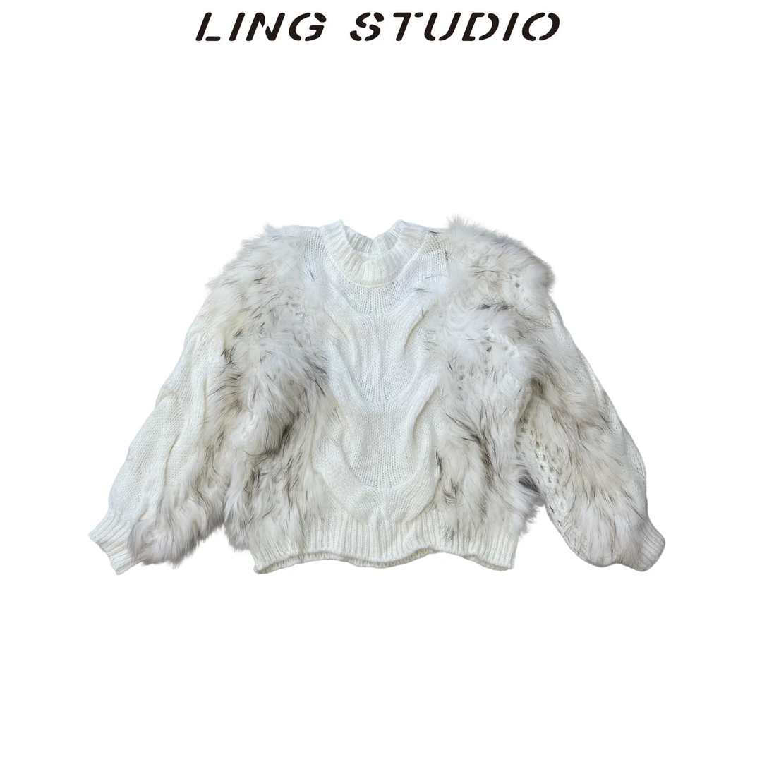 5687-A8-零零『』拼接貉子毛显瘦编织套头外套