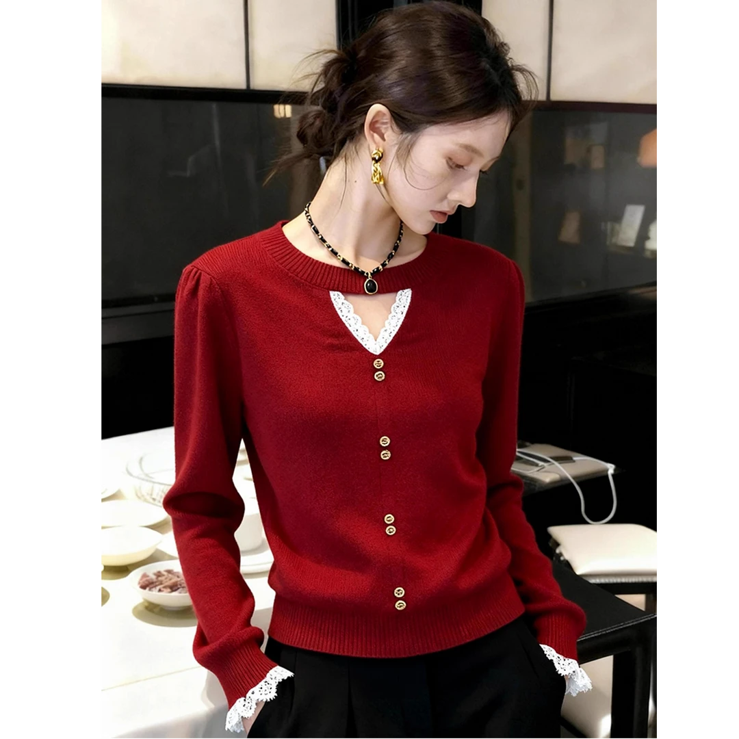 新年圣诞红色蕾丝拼接打底毛衣秋冬设计感独特挂脖镂空针织衫上衣