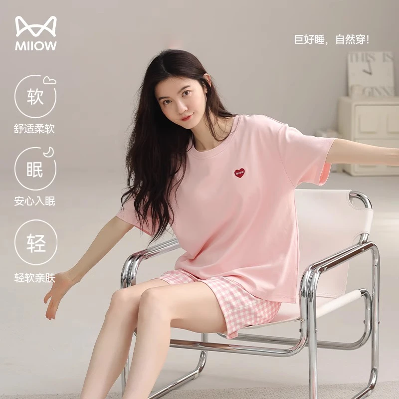 猫人夏季新款纯棉女睡衣带胸垫短袖套装格子款舒适宽松女士家居服