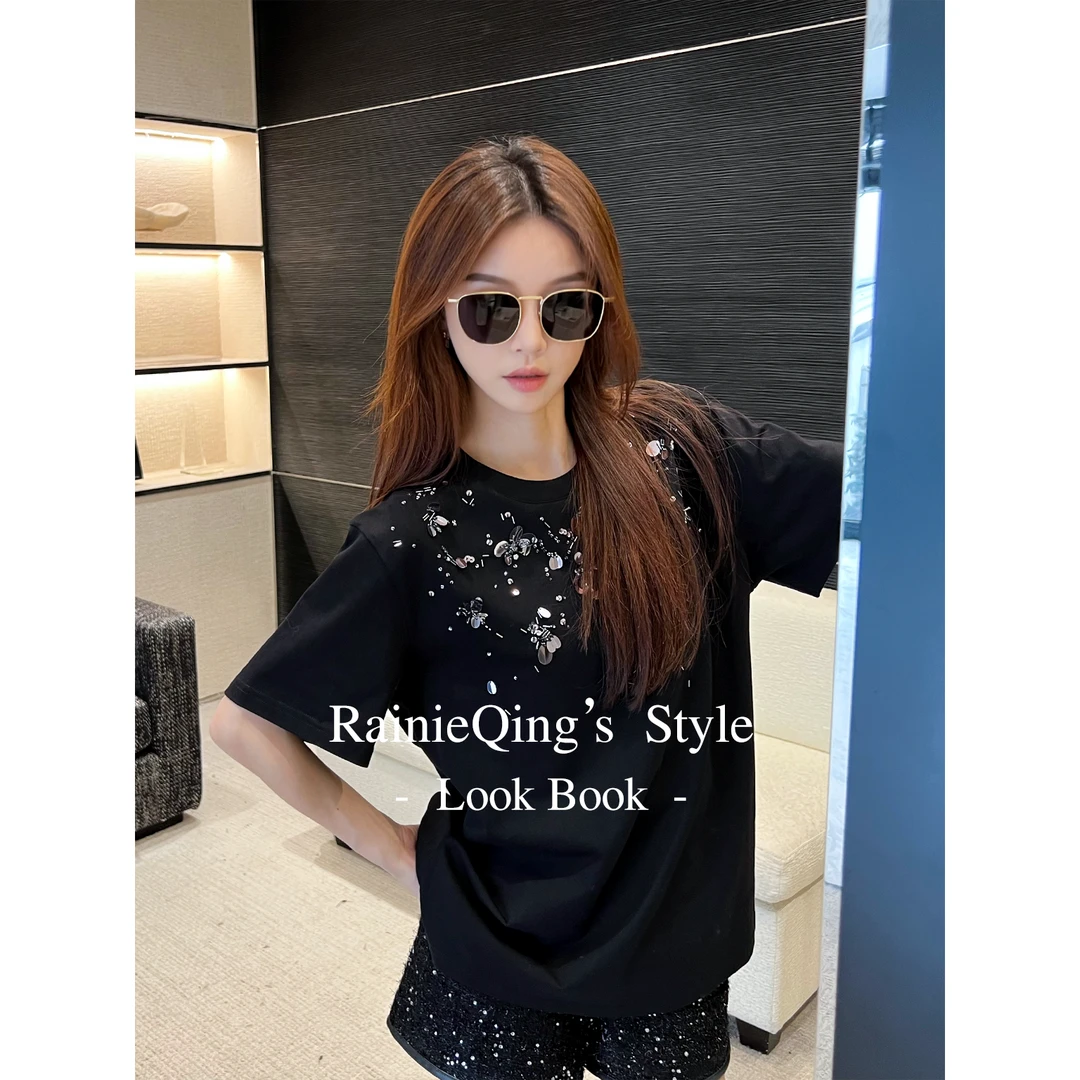 RainieQing【星愿】手工花朵珠片重工圆领夏季时尚休闲短袖百搭T恤
