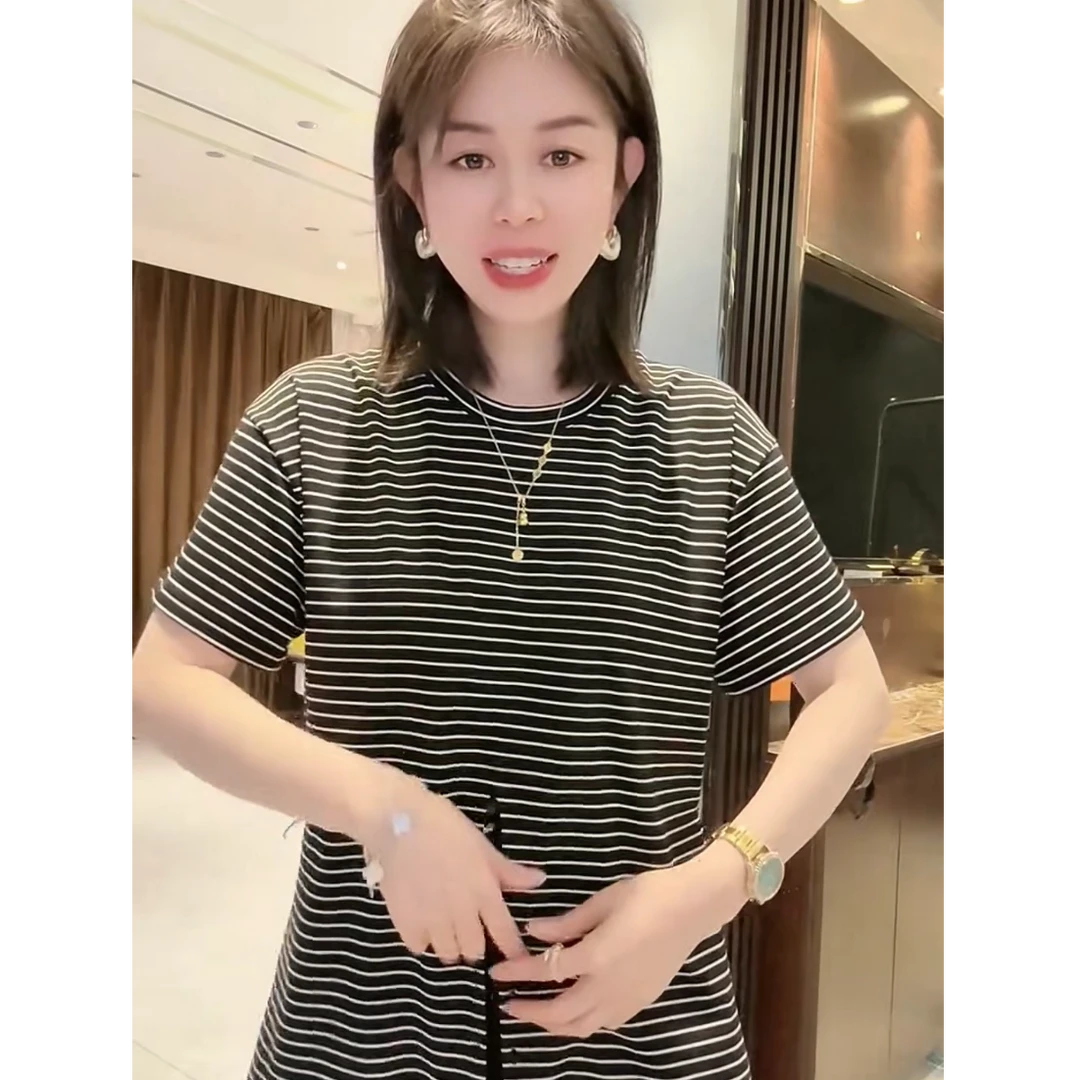 欧洲站条纹短袖T恤女夏季新款不规则纽扣正肩上衣百搭体恤黑t