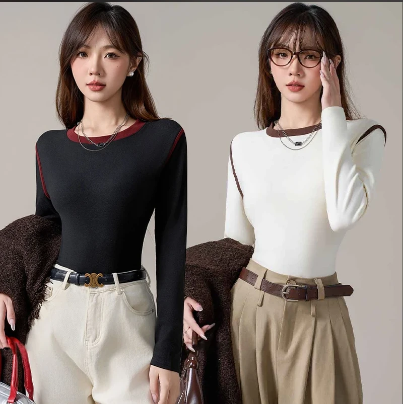 1春季欧货简约气质纯色圆领长袖t恤女闲显瘦小个子打底衫上衣修身