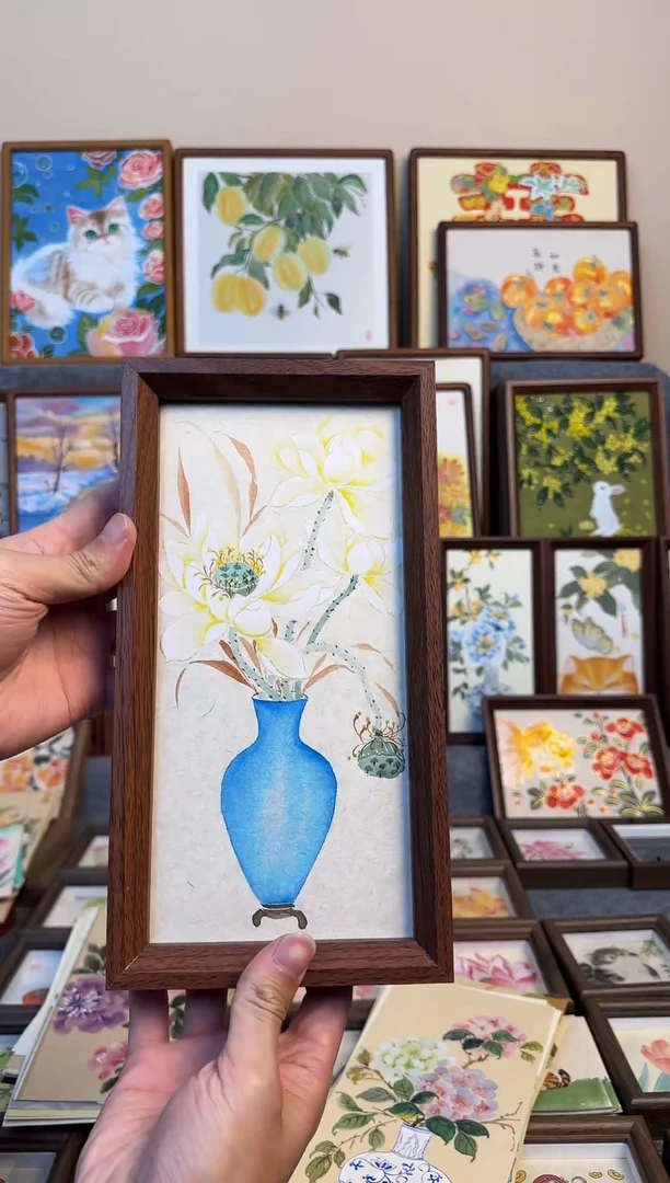 木双层款白荷花蓝瓶子15x27cm带框