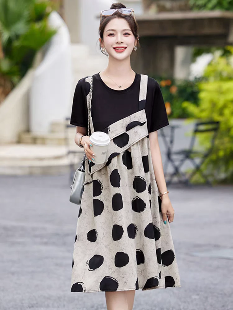 夏装设计感假两件夏季背带连衣裙胖MM大码遮肉显瘦印花波点中长裙