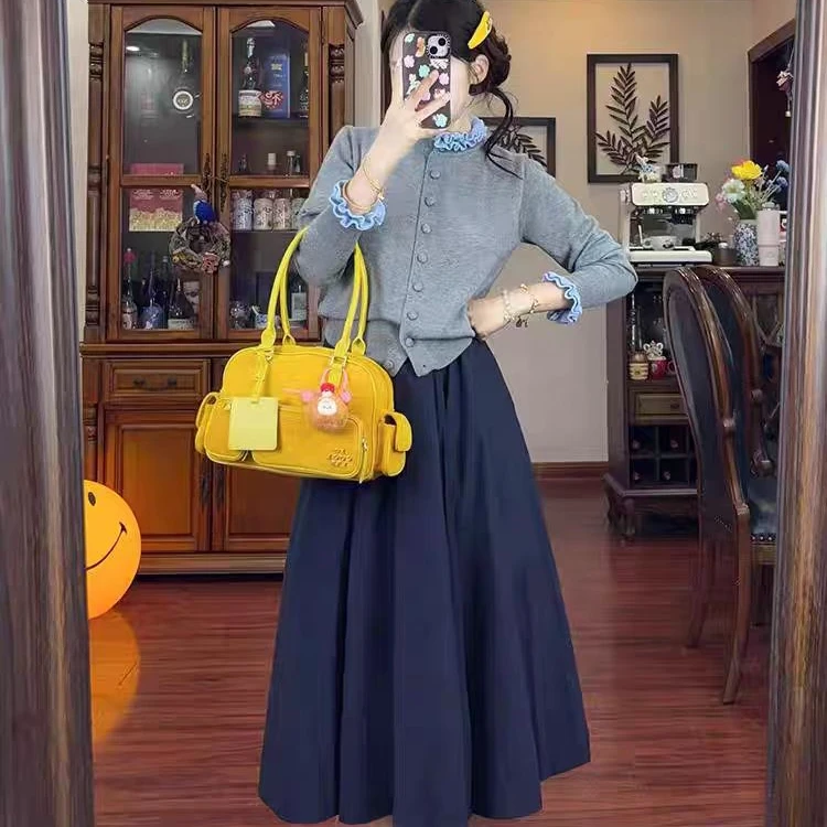 小香风时尚套装灰色木耳边针织开衫外套连衣裙一整套ootd入秋穿搭