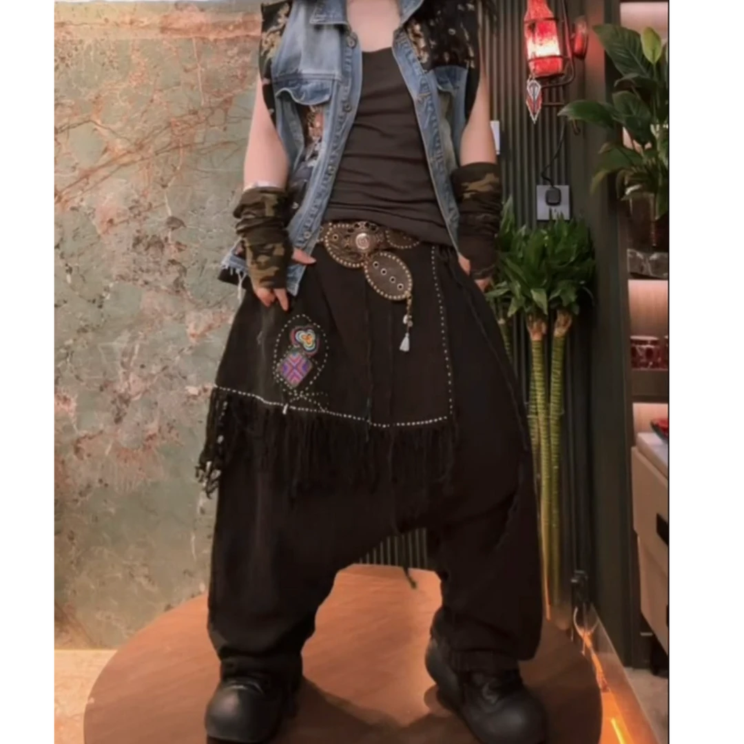 设计师款假两件手工拼老布麻垮裤