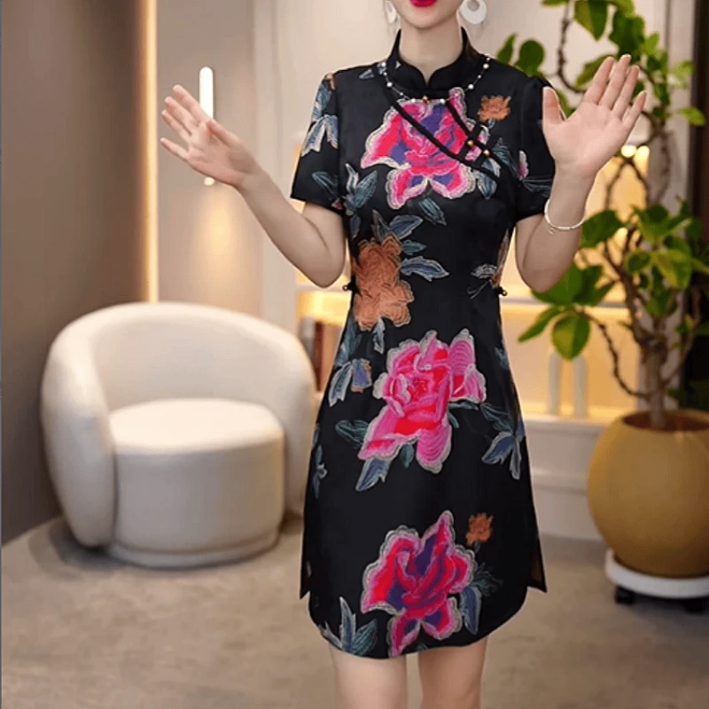 A216【连衣裙】2025夏季新款时尚高端轻奢印花显瘦收腰优雅连衣裙