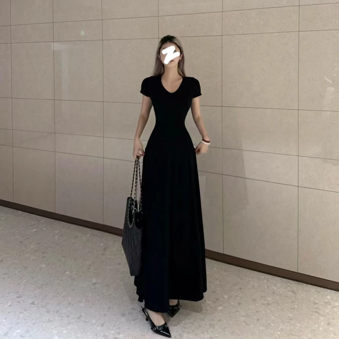 【现货】夏季气质通勤后妈裙2025新款洋气高腰修身显瘦长款连衣裙女