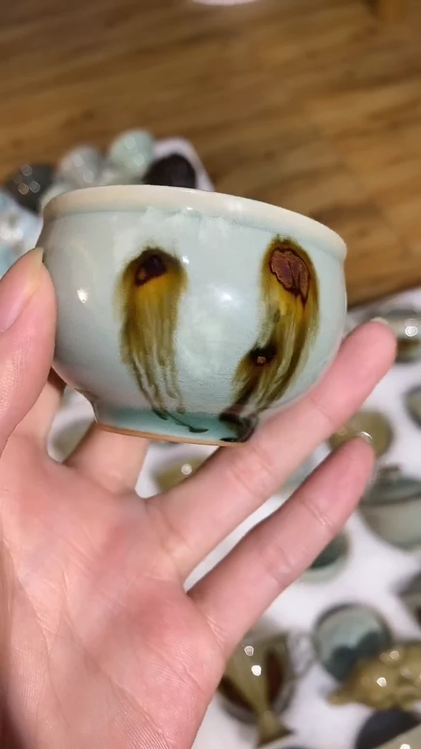 【山隐青瓷】龙窑柴烧杯子 粉青点彩  窑变 40CC