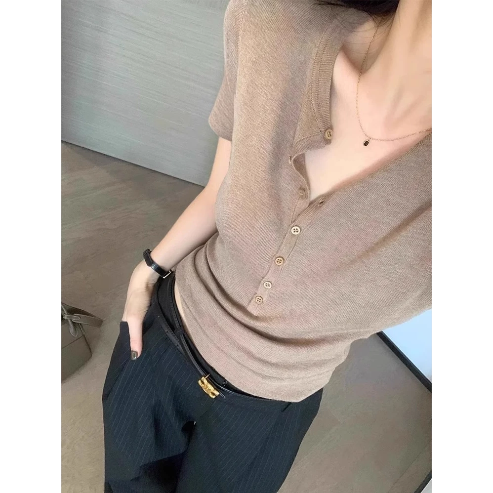 法式复古正肩冰丝短袖T恤女夏季内搭修身显瘦老钱风气质针织上衣