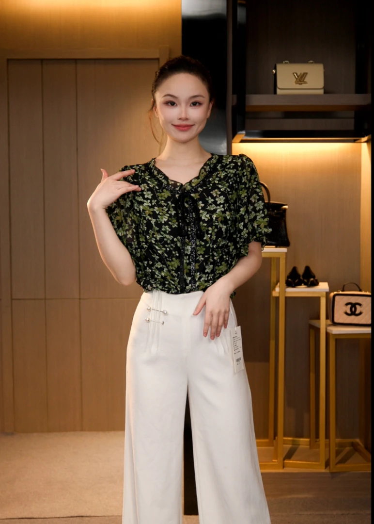 L4X2036 法式复古显瘦气质琉璃双绉丝T恤上衣