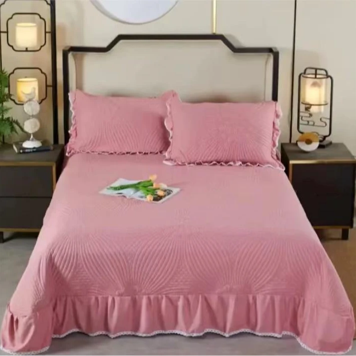 【新品】纯色洛卡棉床盖亲肤大花边盖毯可水洗夹棉枕套大盖毯