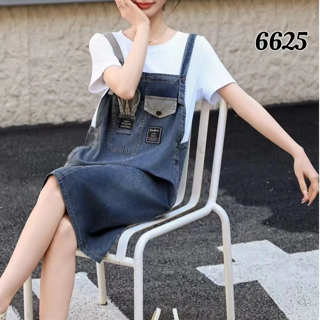 【太阳花】牛仔假两件连衣裙女2025夏季新款时尚宽松遮肉显瘦背带裙