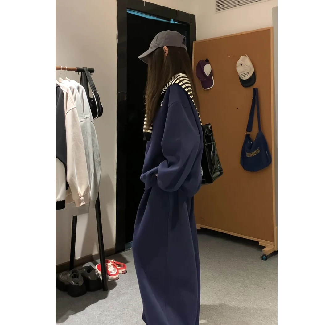 藏青色三件套装女秋季新款披肩卫衣阔腿裤休闲慵懒风穿搭一整套女