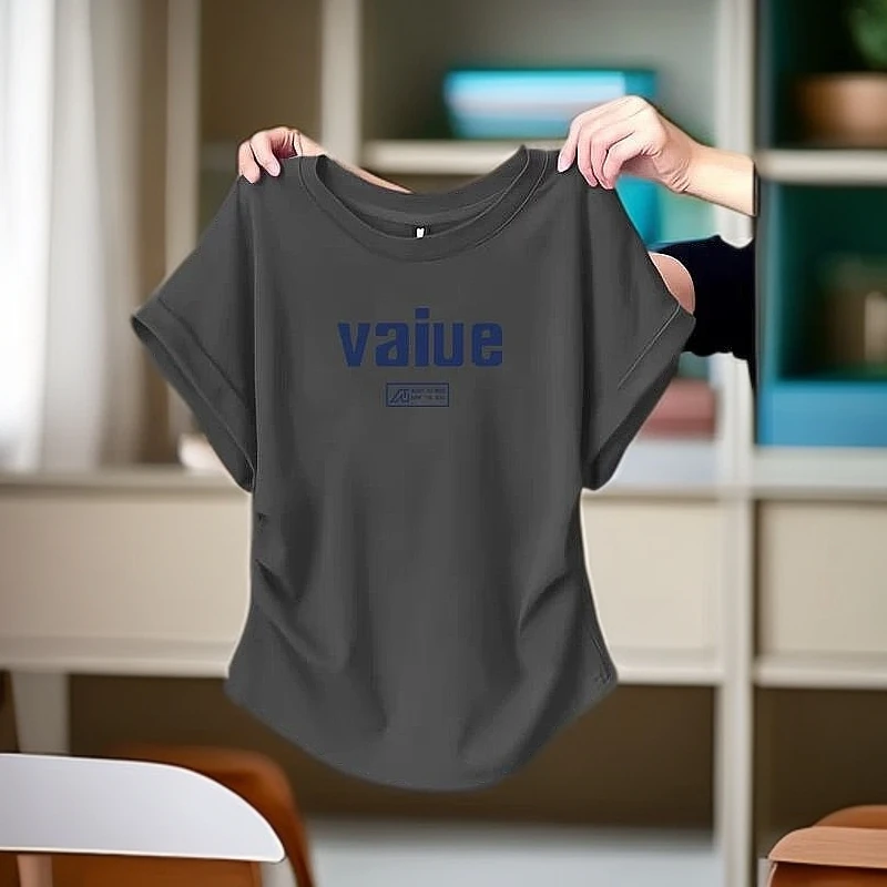 拉夏贝尔时尚辣妹修身显瘦短袖T恤女士夏季设计感圆弧下摆圆领