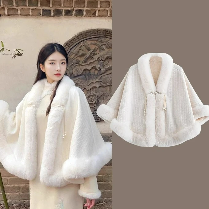旗袍斗篷冬季加厚加绒新款白色披肩旗袍气质高端秋冬保暖外套毛绒