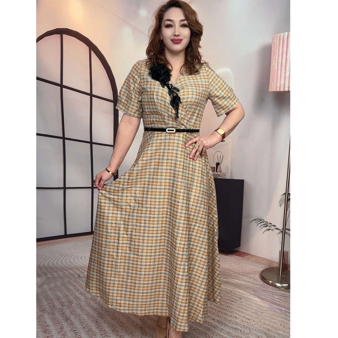 39 显瘦气质时尚夏季复古法式格子格纹连衣裙中长款连衣裙