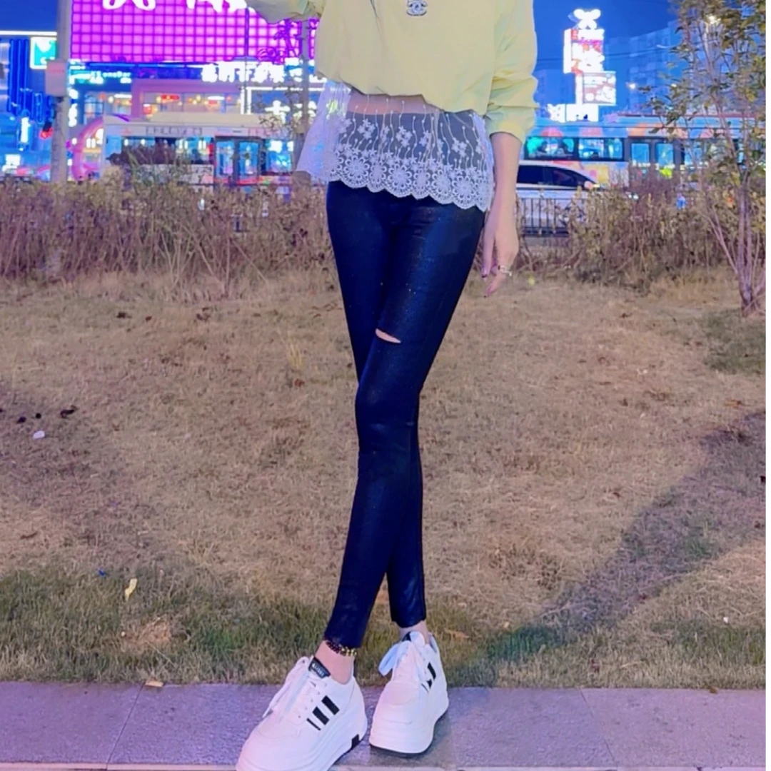 束脚裤九分裤铅笔裤长裤休闲裤高腰弹力闪亮星小脚裤女士百搭