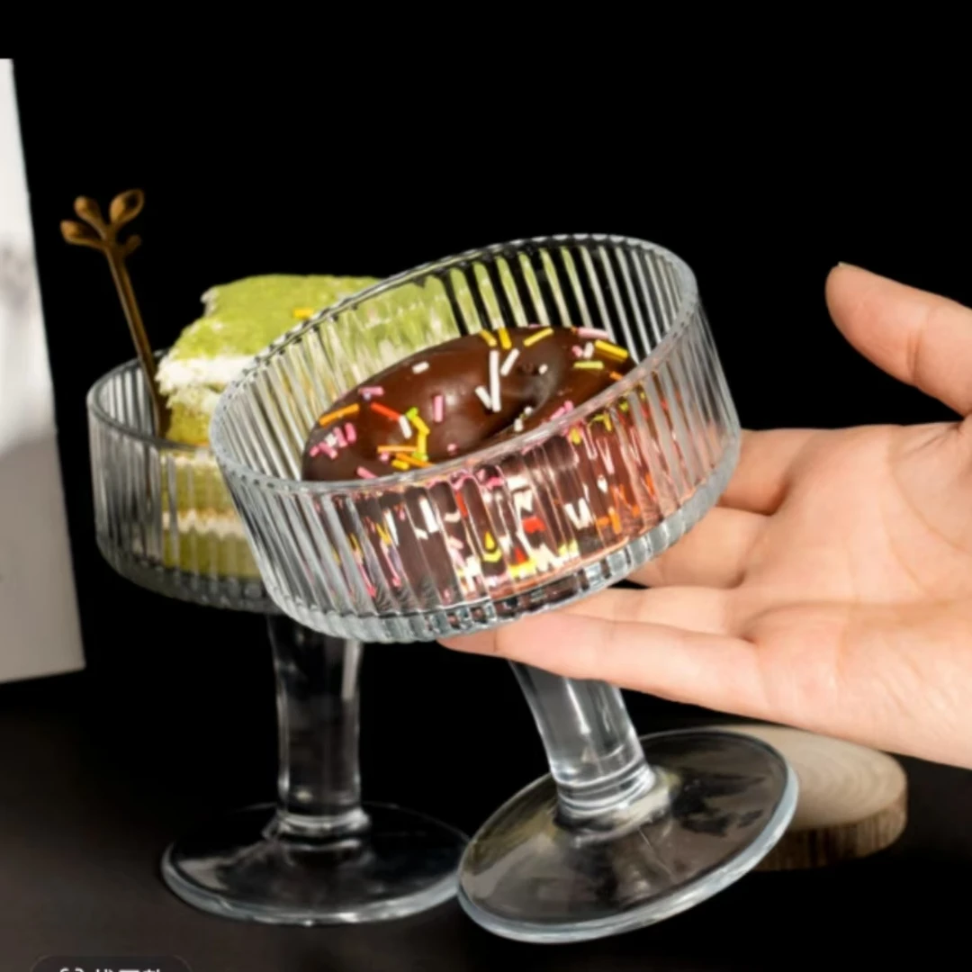 【两只装】省钱风家居网红玻璃杯冰淇淋杯创意简约条纹法式高脚碗