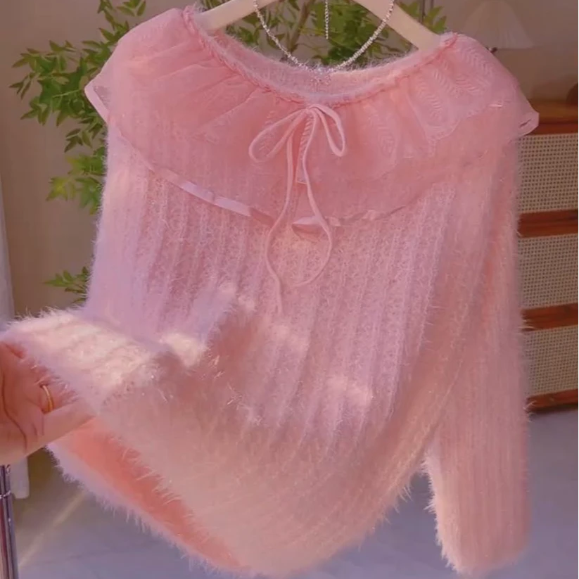 温柔风甜美粉色毛衣女春装2025新款时尚设计感蕾丝网纱拼接针织衫