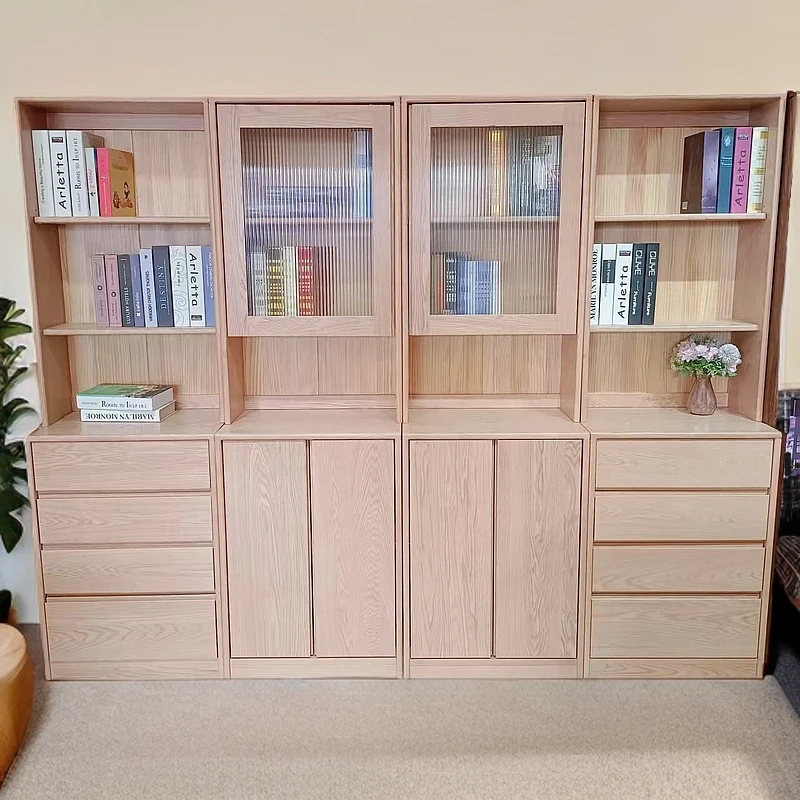 实木书柜家用靠墙收纳储物柜简约玻璃展示柜落地组合书架