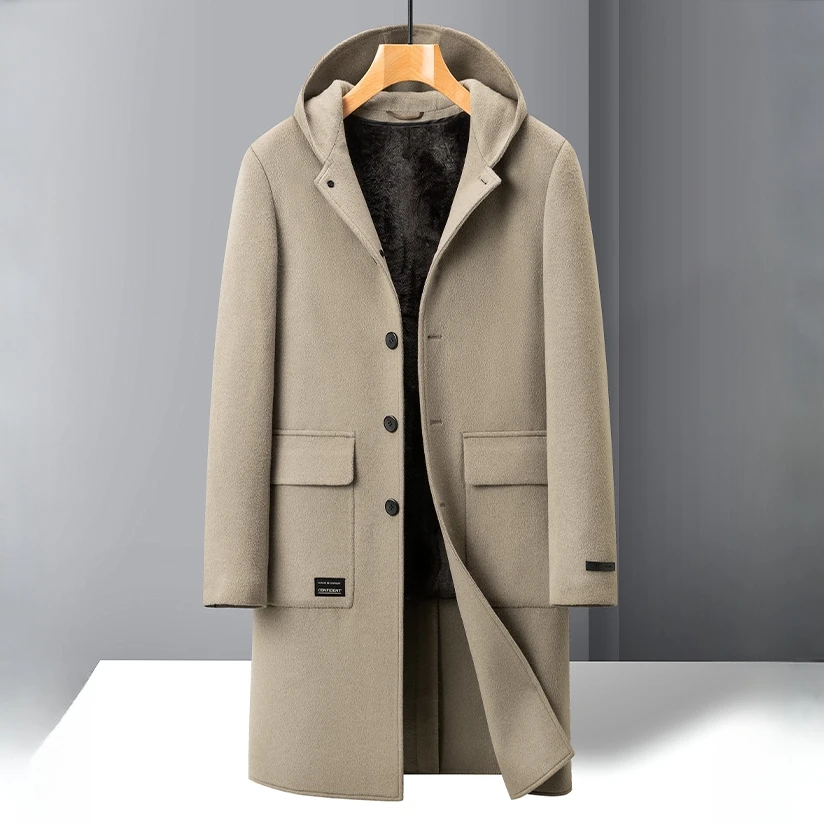 HAMOLENA羊毛大衣男款冬季加绒加厚休闲长款过膝双面呢连帽风衣
