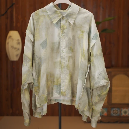 山木间亚麻植物扎染设计师款蝙蝠袖衬衫QXX834