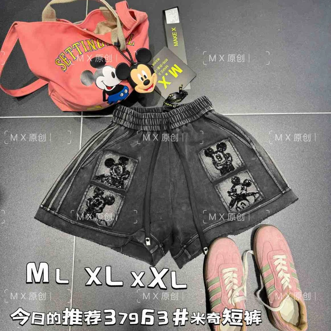 MX原新款重工亮片米奇设计牛仔短裤女宽松显瘦百搭阔腿裤潮mx短裤